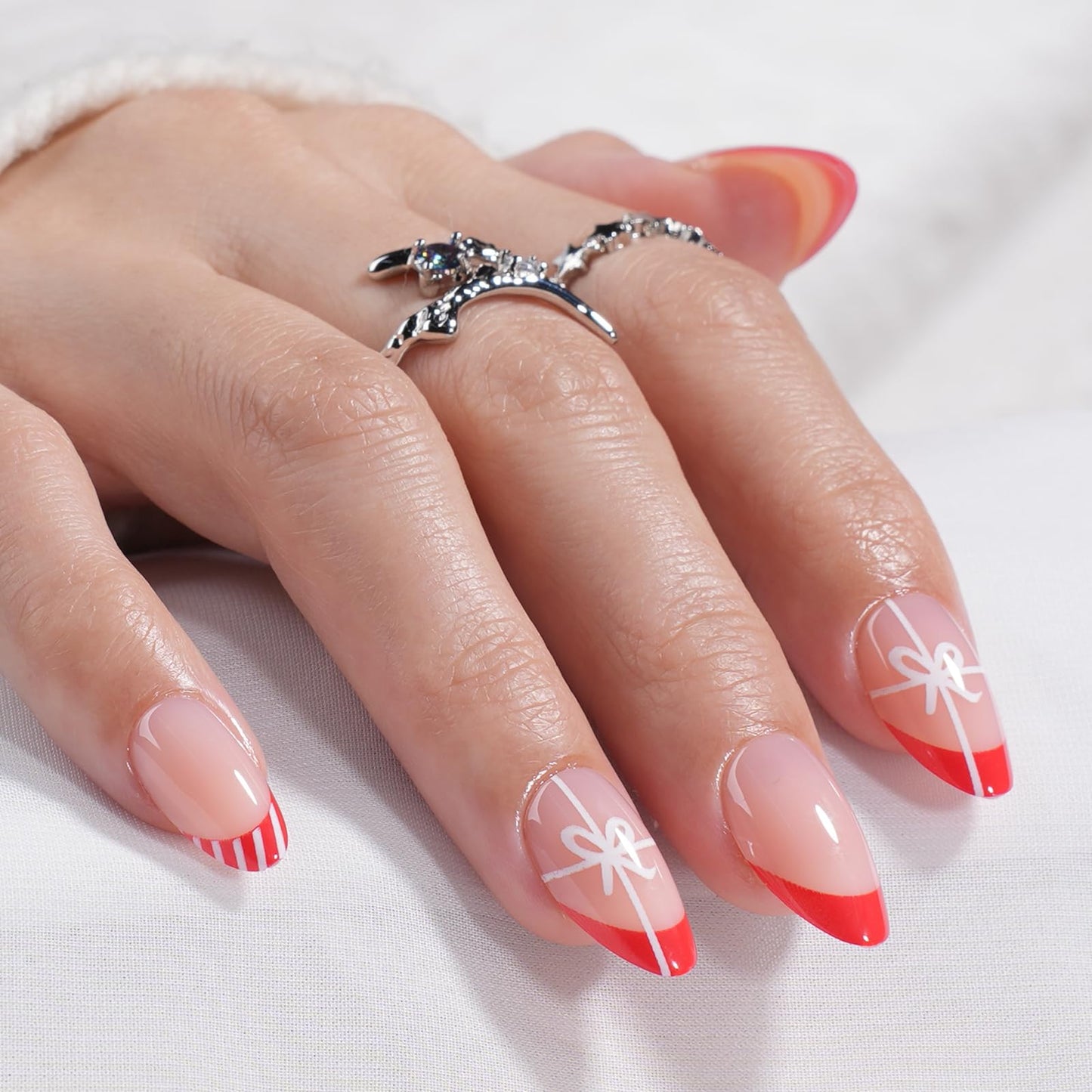 Red French Tip Design Press On Nails, Short Almond Fake Nails with White Line Accent, Reusable Stick On Nails with Glue for Women, 32pcs in 16 Sizes | Salon Quality