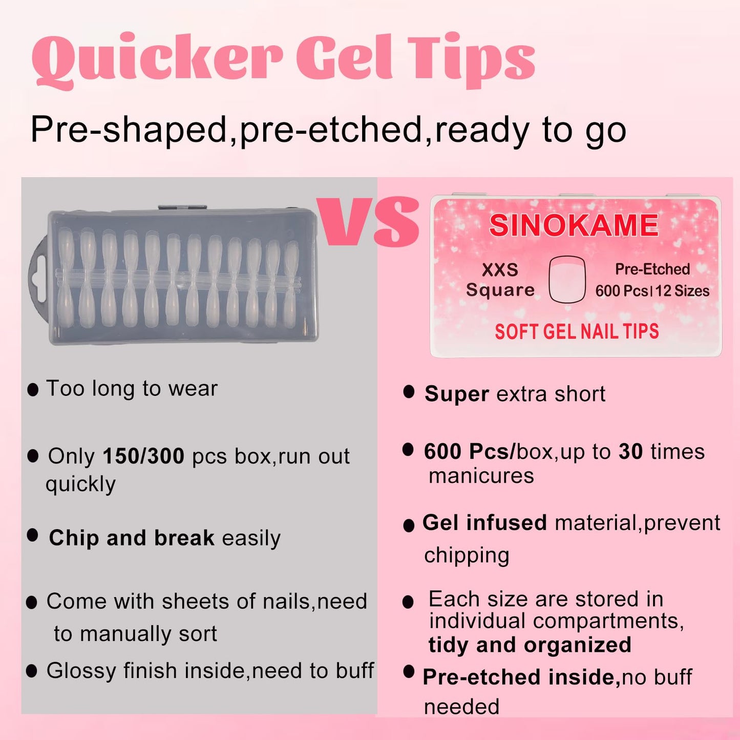 600 Pcs Extra Short XXS Square Nail Tips,SINOKAME Clear Press on Nails for Kids Women Small Short Petite Nail Beds, 12 Sizes DIY Salon Home Manicure Nail Extension