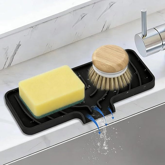 Silicone Sponge Holder for Kitchen Sink With Drain Spout, Self Draining, Kitchen Soap Tray, Bathroom Organizer, Sink Caddy (Black, 10Ã4)