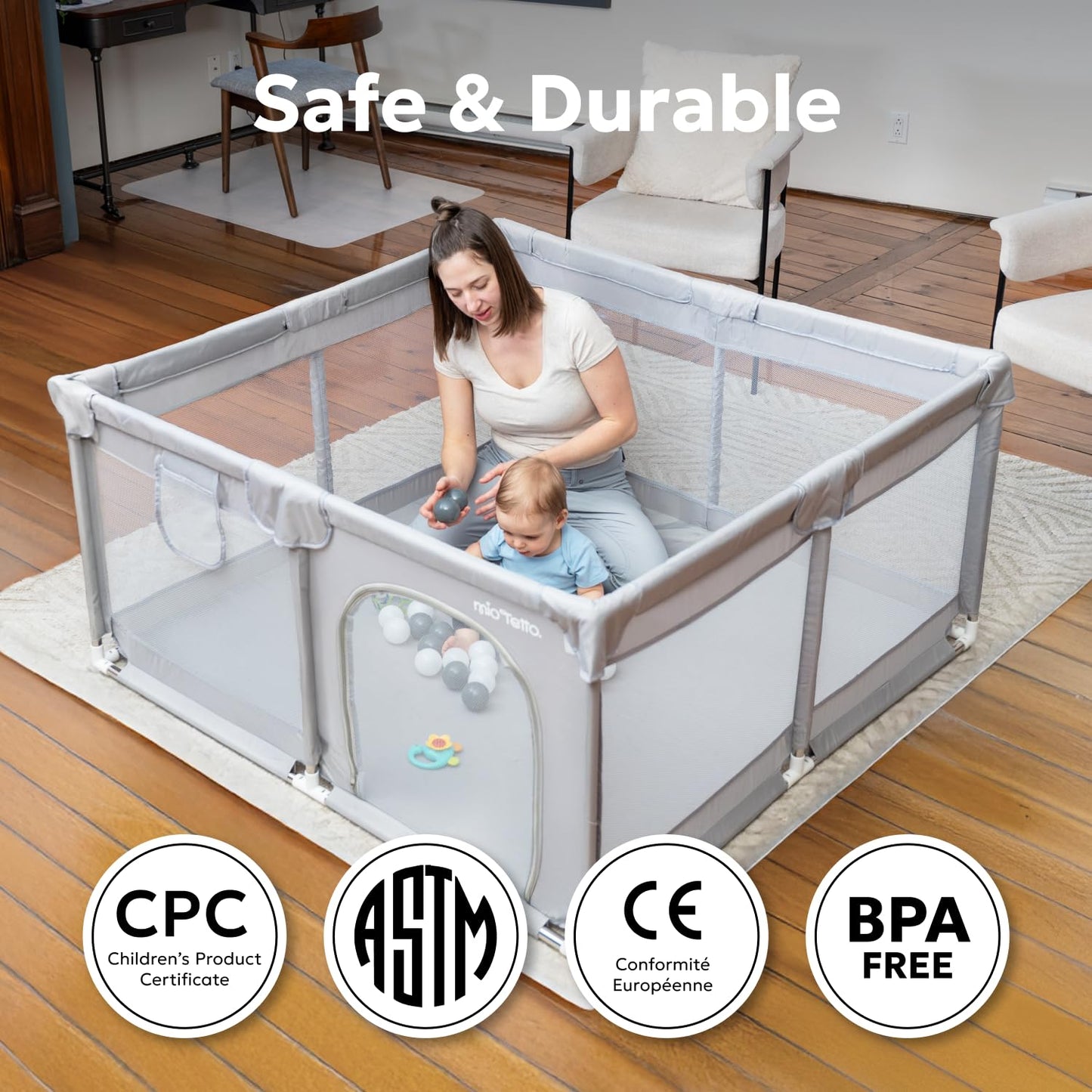 MioTetto Baby Foam Floor & Play Pen Bundle – Soft Foam Floor Tiles + 50x50 Playpen with Gate, Balls & Hangers – Safe, Non-Toxic Indoor & Outdoor Play Mat Set for Babies & Toddlers