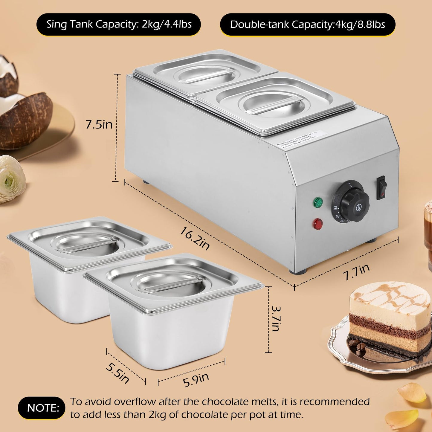 Dyna-Living Single Head Commercial Waffle Maker 1200W & 2-Tanks Commercial Chocolate Tempering Machine Chocolate Tempering Pot
