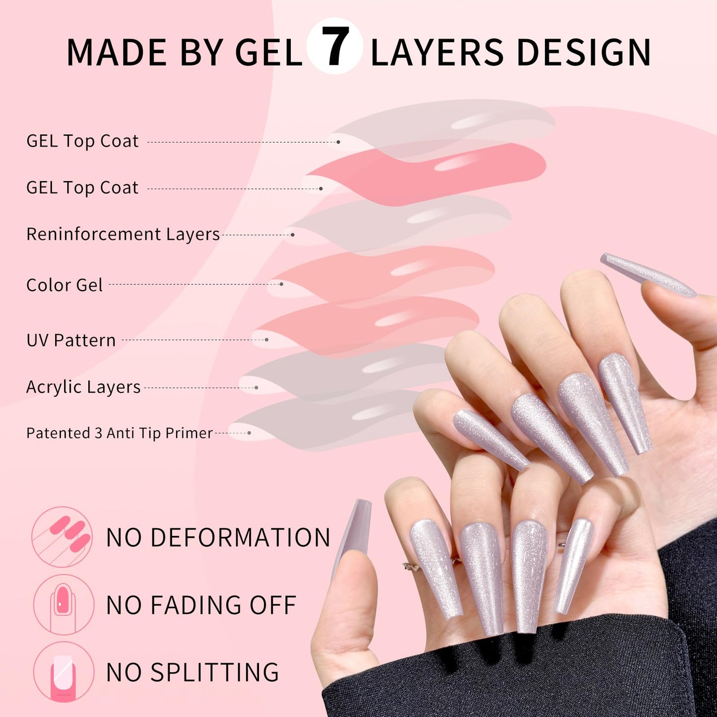 White Pink Cat Eyes Press On Nails,12 Sizes - 24 Pcs Soft Gel White Pink Long Coffin Fake Nails Kit with Nail Glue, Natural Reusable Stick On False Nails for Women and Girls SK1046