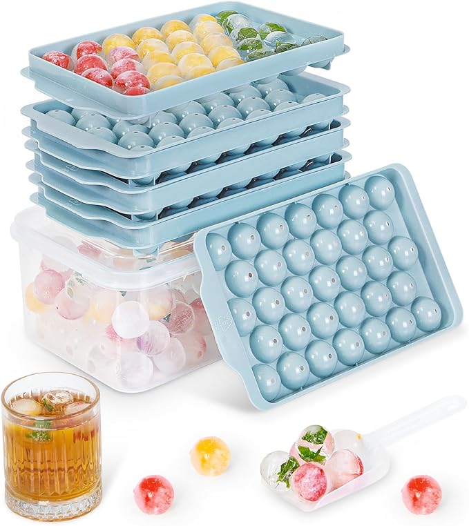 Ice Cube Tray with Lid and Bin, 3 Pack Ice Trays for Freezer, 99 Pcs Round Ice Cube Mold, Ices Maker Bucket with Scoop for Cocktail, Coffee, Rv Accessories, Easy to Release (1 inch, Blue)