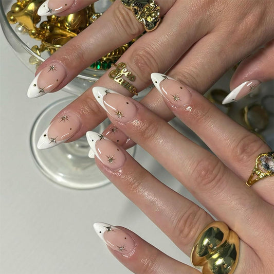 VOTACOS White French Tip Press on Nails Almond Medium Nude Acrylic Fake Nails Press Ons with Designs Golden Star Pot Rhinestone Glue on Nail for Women 24PCS Reusable Artificial Stick on False Nail