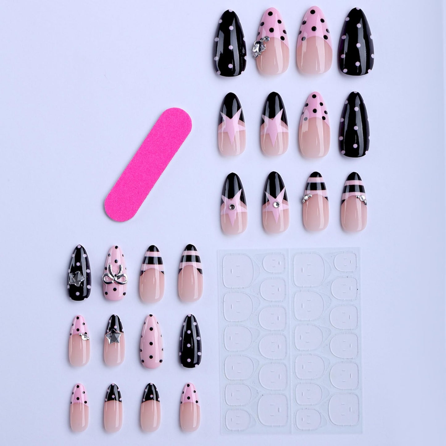OCTOSWAVE Pink and Black Press on Nails Long Almond - Y2K Star Design Fake Nails with 3D Bow & Rhinestones - 24 Pcs Glossy Glue on Nails, Salon-Style DIY Manicure Kit for Women and Girls