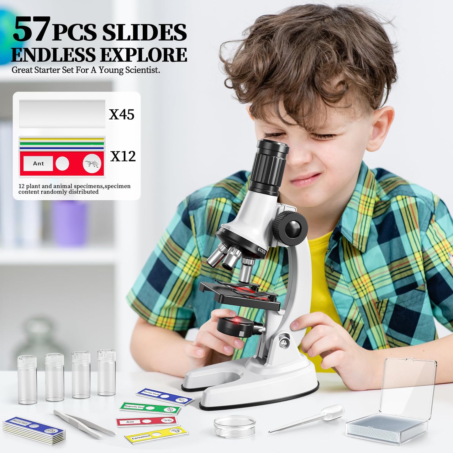 Novaluki 65 Pieces Microscope Kit for Kids Ages 5-7 8-13, 100X-1200X Magnification with 7 Colors of LED Lights and 12 Prepared Slides, Science Experiment STEM Kits for Boys and Girls Age 8-12 Years