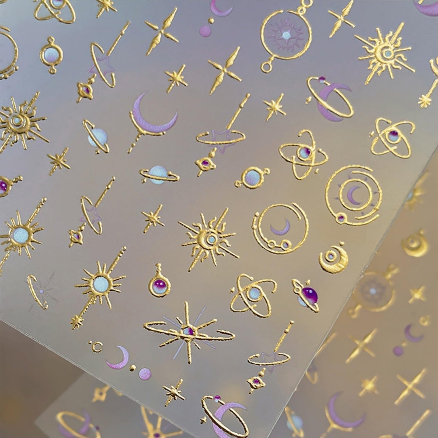 Gold Nail Art Stickers 5D Embossed Moon Star Nail Stickers Self Adhesive Planet Sun Design Metal Nail Decals Luxury Purple Gold Nails Accessories for Women Manicure