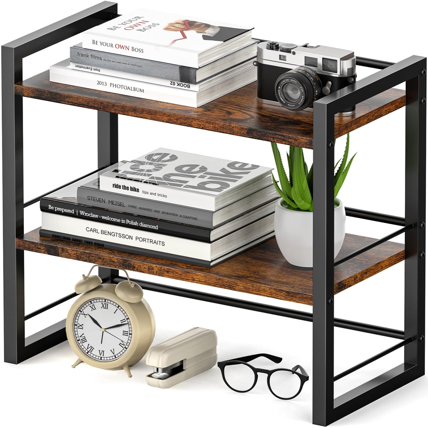 ART-GIFTREE Office Desk Shelf Organizer, Wood Desktop Bookshelf Supplies Storage Rack, Shelf for Top of Desk and Dresser (Brown-2 Tier)