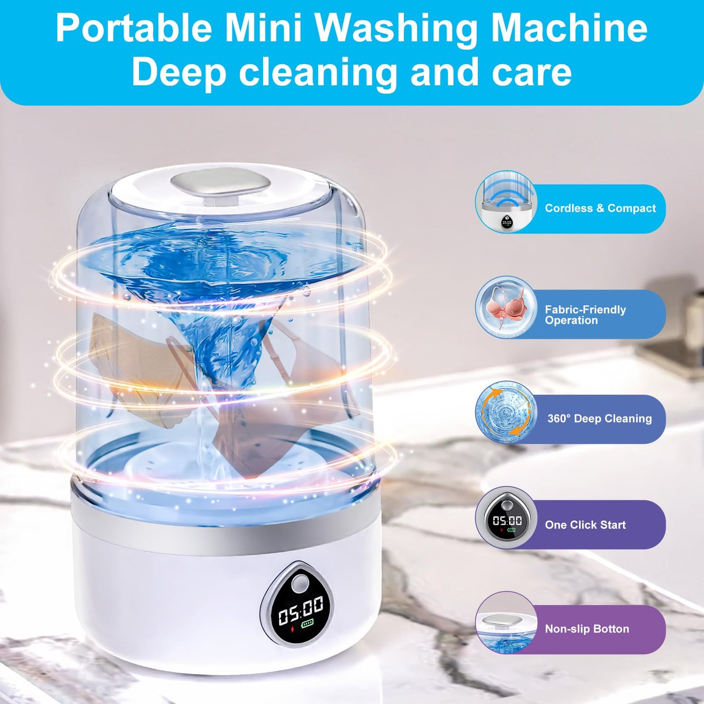 Ghegicu Portable Washing Machine, 1.5L Underwear Washer Rechargeable Cordless Makeup Sponges Cleaner Deep Clean Socks, Underwear, Baby Clothes, Washing Machine for Apartment, Dorm, Camping(White)