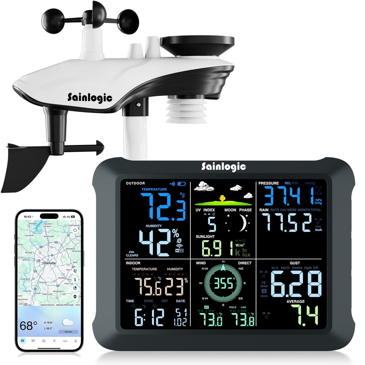 Sainlogic WiFi Smart Weather Station SA9 with 24H/ 7Days Accurate Weather Forecast by Weatherseed® AI, 8.5" Large Display,UV,Sun Light,Rain Gauge,Wind Gauge,2-Year Data Storage & Export(Only 2.4G)