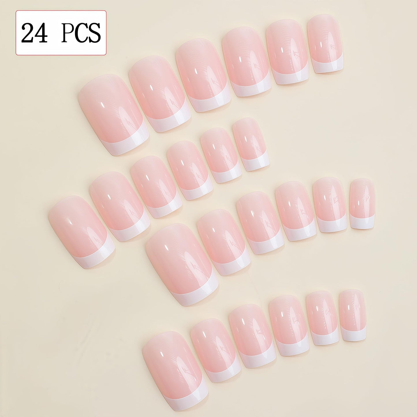 White French Tips Press on Nails Medium Square Spring Summer French Designs Glossy Acrylic Artificial Fake Nails for Women Girls Daily Wear Manicure Decoration 24Pcs