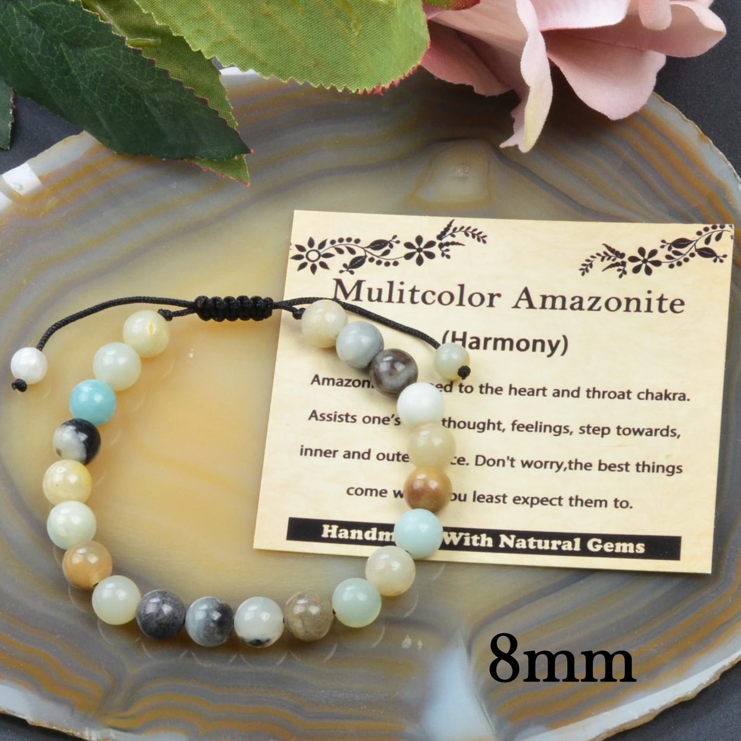 CHCCOYE 8mm Handmade Adjustable Natural Gemstone Crystal Bracelet Healing Power Energy Inspirational Gifts with Card for Unisex (Mulitcolor Amazonite)