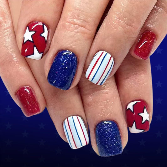 4th of July Press on Nails Short Square Fake Nails Red Blue Glitter False Nails with Star Stripes Design Independence Day Patriotic Nails Full Cover Glossy Stick on Nail for Women Manicure 24Pcs