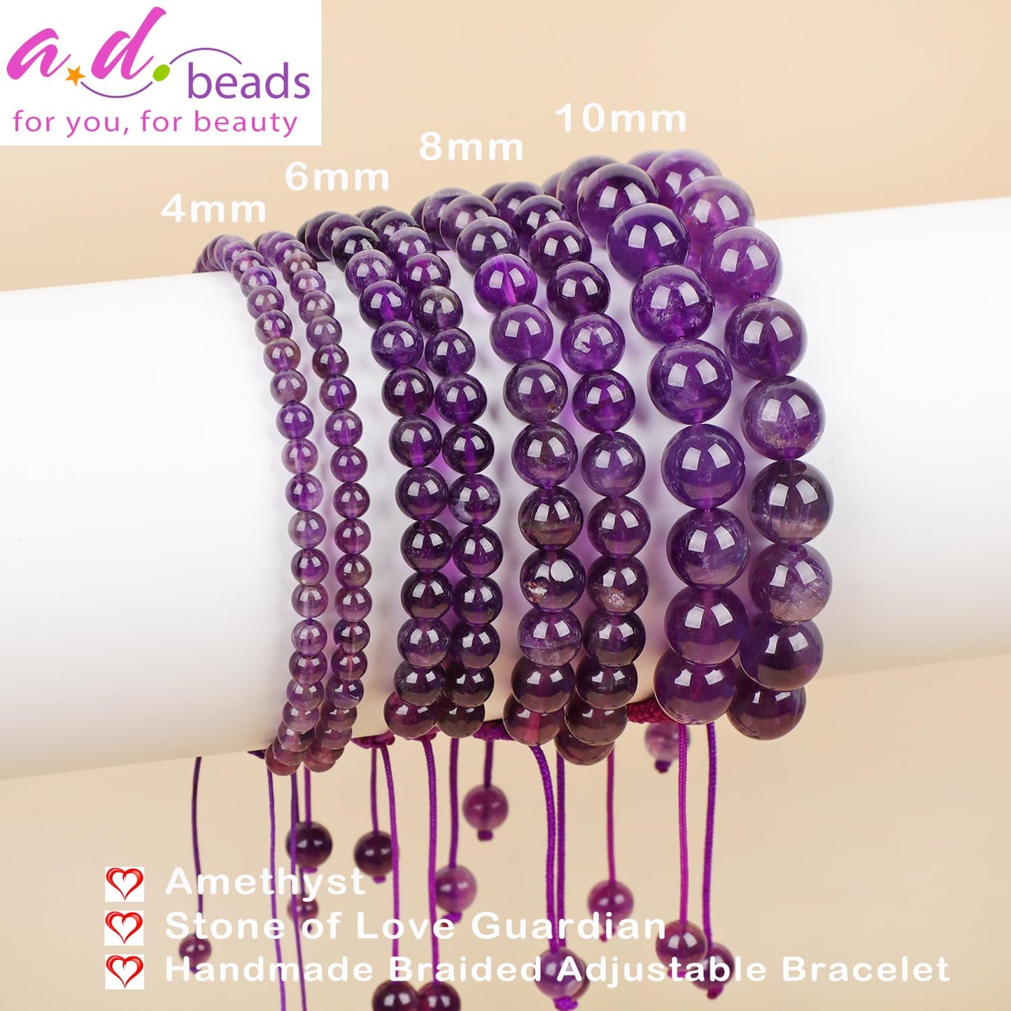 AD Beads 4mm Amethyst Bracelet - Stone of Love Guardian - Handmade Natural Stone Crystal Bracelet with Adjustable Macrame String - Yoga Healing Power Energy Gifts for Men and Women