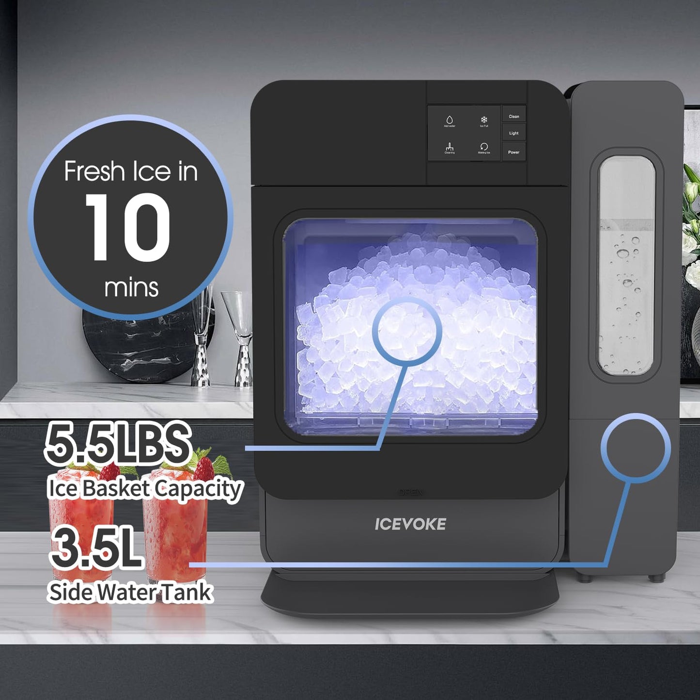 ICEVOKE Nugget Ice Maker Countertop, Pebble Ice Maker with Soft Chewable Ice, Self-Cleaning Ice Machine with Ice Scoop, 45lbs/24H, for Home Kitchen Office, Black