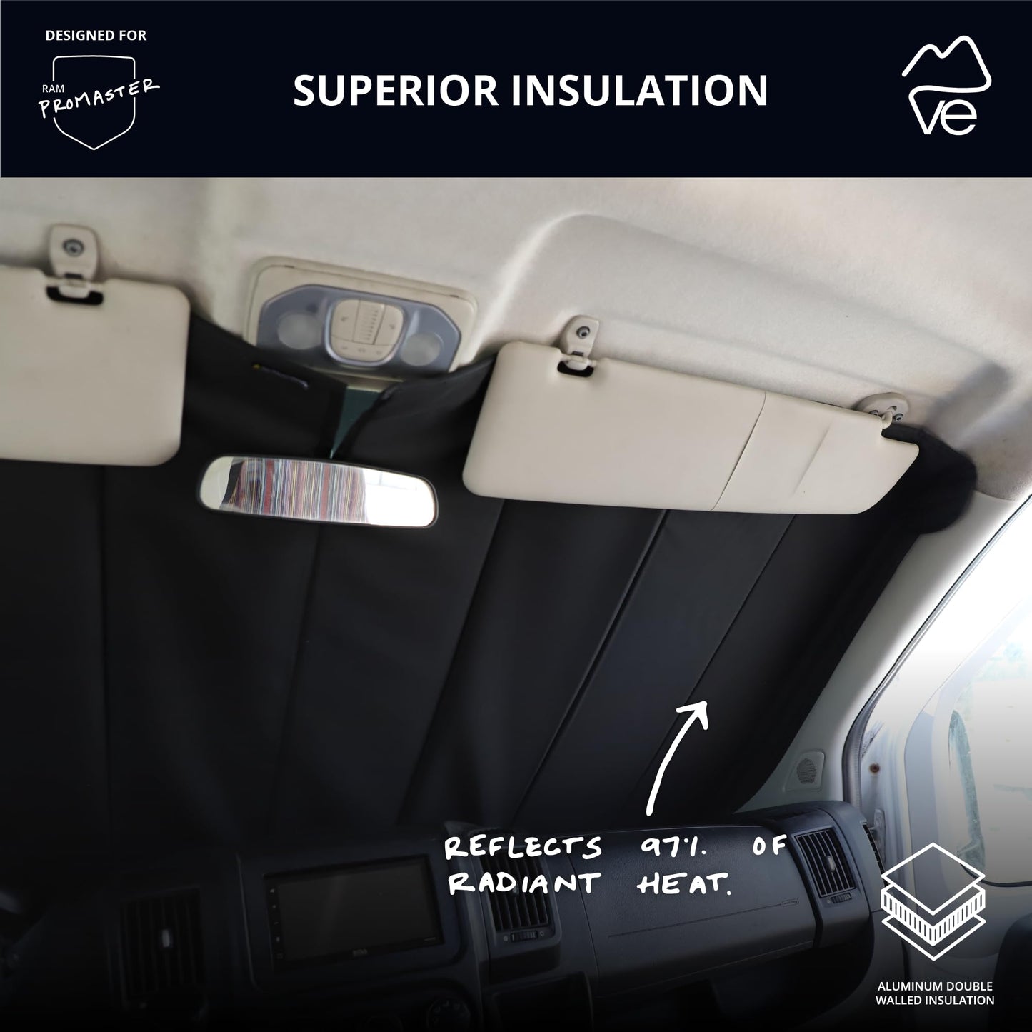 VanEssential Insulated Reflective Blackout Front Windshield Cover Designed for RAM Promaster Van Years 2014 to Current Model - Black Reflective