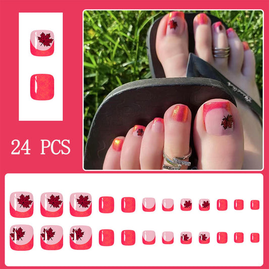 Autumn Press on Toenails Short Square with Maple Leaf Fake Toenails French Tips Glitter Designs Fall Red Glitter Full Cover Acrylic Glue on Toenails for Women Manicure Decoration 24Pcs