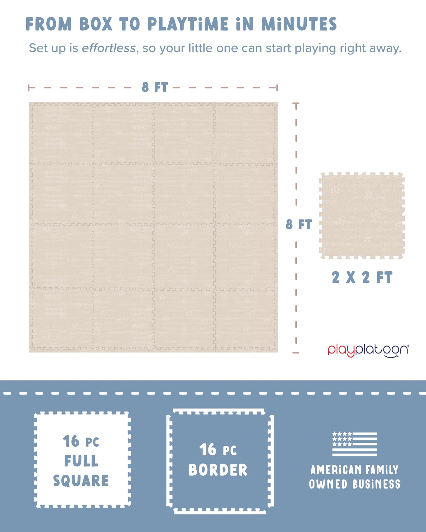 Play Platoon Non-Toxic Large Baby Play Mat for Floor 16 Tile 96 x 96 inch - Extra-Thick Interlocking Foam Floor Tiles 24 x 24 in Puzzle Mat Pieces with Border, Playmat Rug for Kids - Brushed Cotton