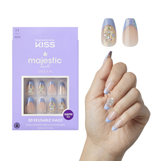 KISS Majestic, Press-On Nails, 2G Glue included, 'The Queen', Light Blue, Medium Size, Coffin Shape, Includes 30 Nails, 2 Manicure Stick, 1 Mini File, 2 Prep. Pad, 2 Adhesive Tabs, Instruction Sheet