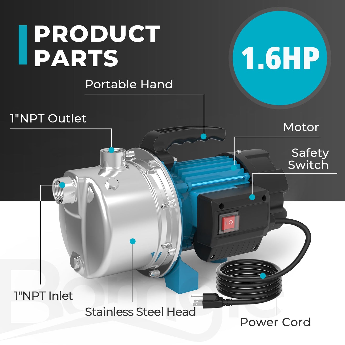 BOMGIE 1.6HP Shallow Well Pump Portable, Garden Pump 1320GPH, Stainless Steel Water Transfer Pump 110V Max. Head 164ft, Sprinkler Booster Pump for Draining Irrigation Home Garden Lawn Draining