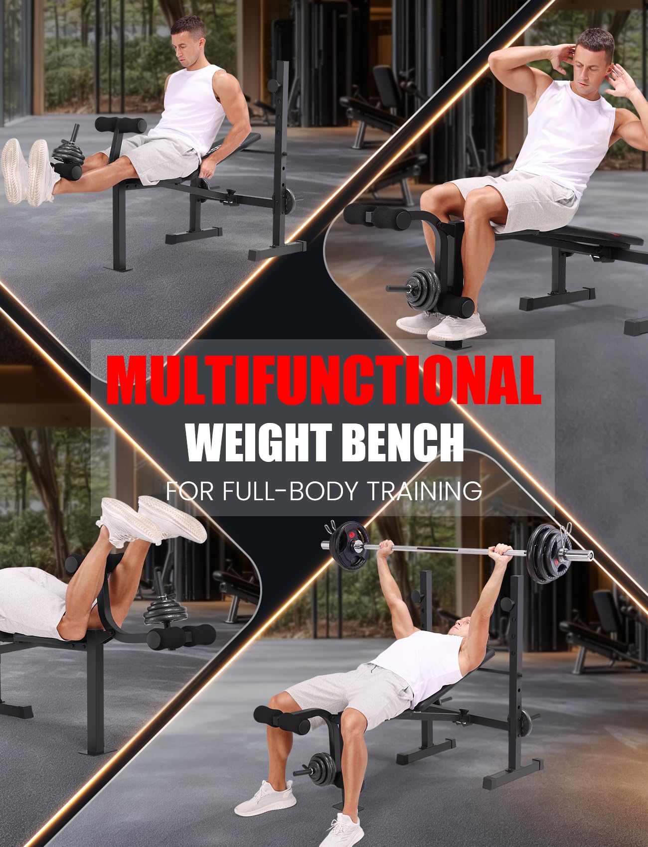 OPPSDECOR Adjustable Weight Bench Set with Squat Rack, 3 Sec Folding Workout Bench for Full Body Exercise, 600LBS All-in-One Bench Press with Leg Curl & Leg Extension, Incline Decline Flat Home Gym Bench