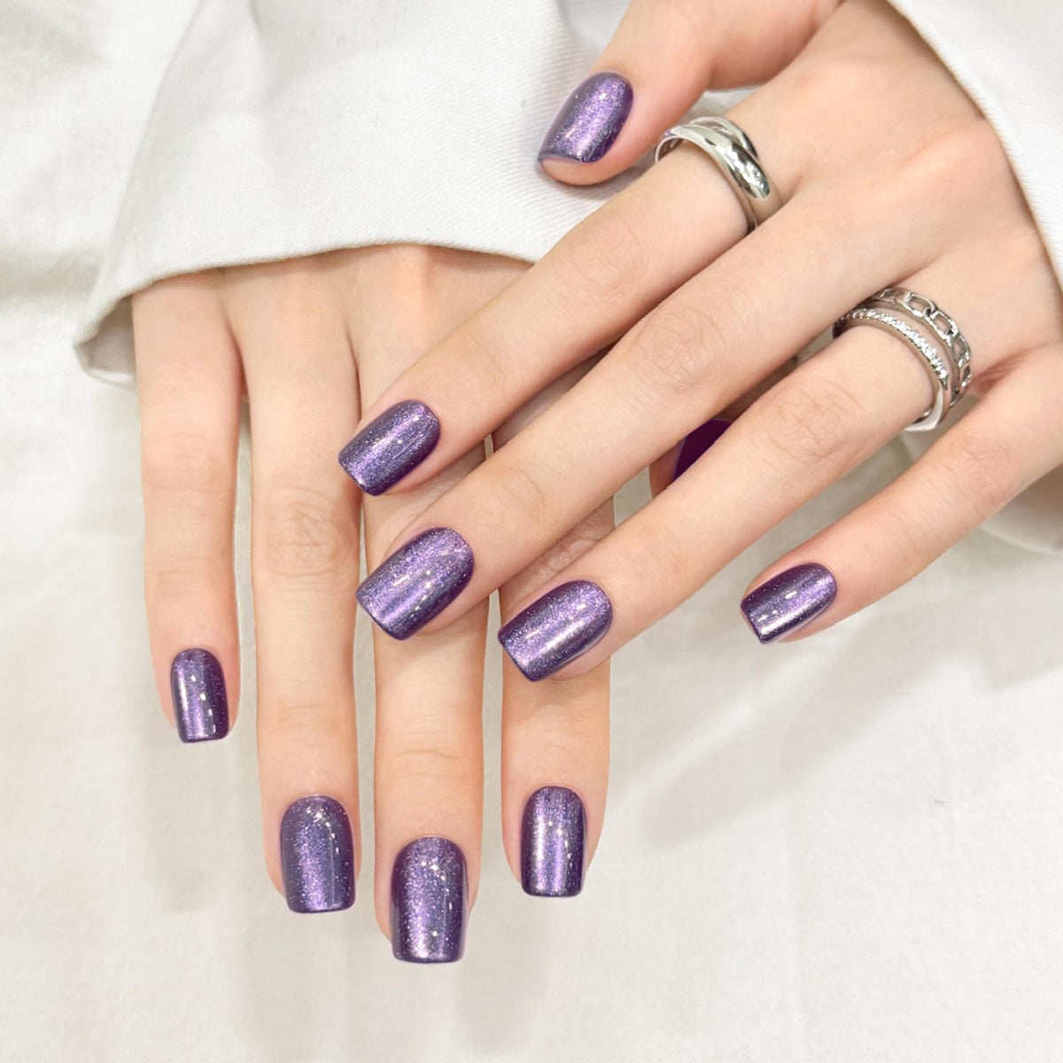 Dark Purple Cat Eyes Press On Nails,12 Sizes - 24 Pcs Soft Gel Purple Short Squoval Fake Nails Kit with Nail Glue, Natural Reusable Stick On False Nails for Women and Girls SK1060