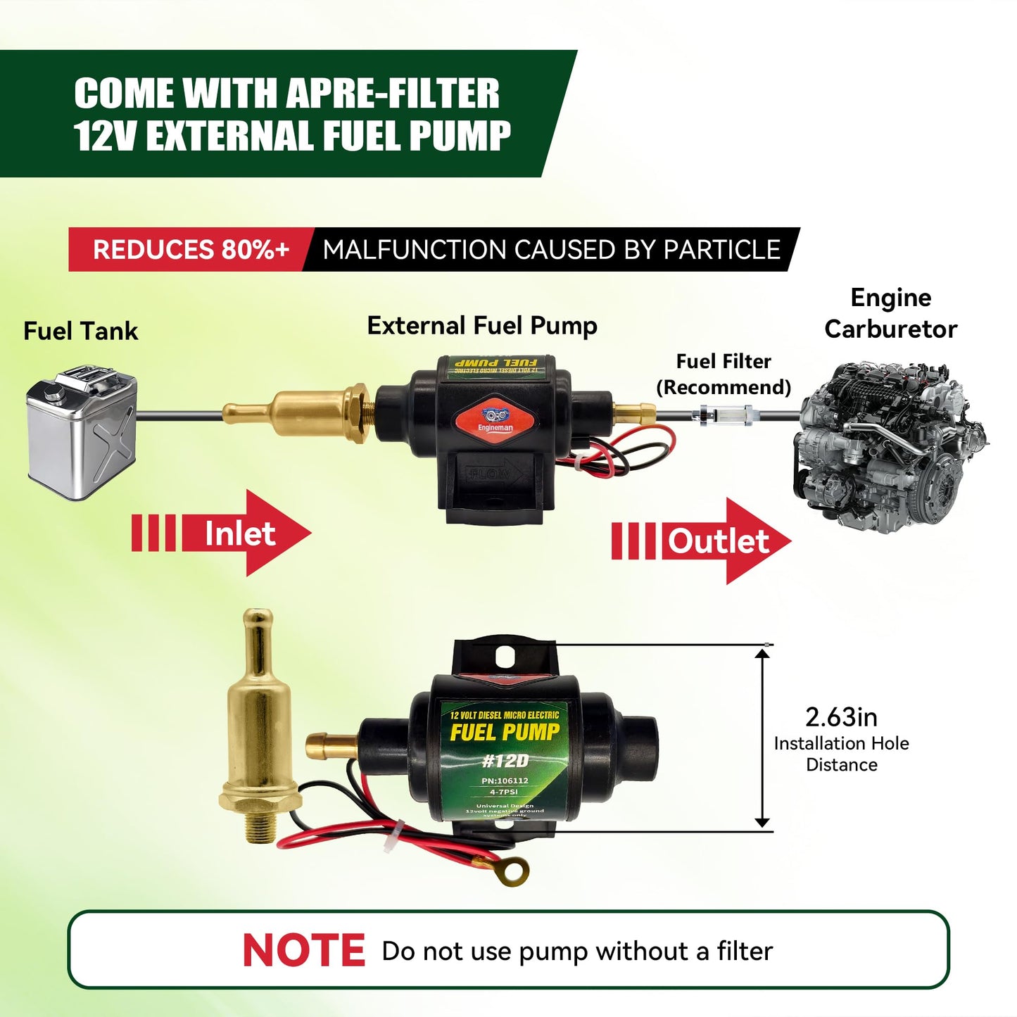 ENGINEMAN 12D Micro Electric Diesel Fuel Pump Universal 5/16 inch Inlet and Outlet 12V 1-2 A, 35 GPH, 4-7 PSI