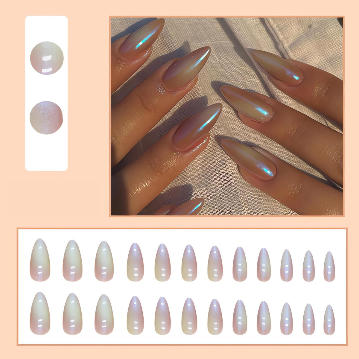 IMSOHOT Almond Press on Nails Medium Aurora Fake Nails Glossy Full Cover Acrylic False Nails Stiletto Chrome Artificial Glue on Nails for Women and Girls 24pcs