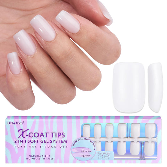 BTArtboxnails Square Gel Nail Tips Short - Pre Colored Milky White Soft Gel Nail Tips, Milky White Press on Nails, Natural XCOATTIPS