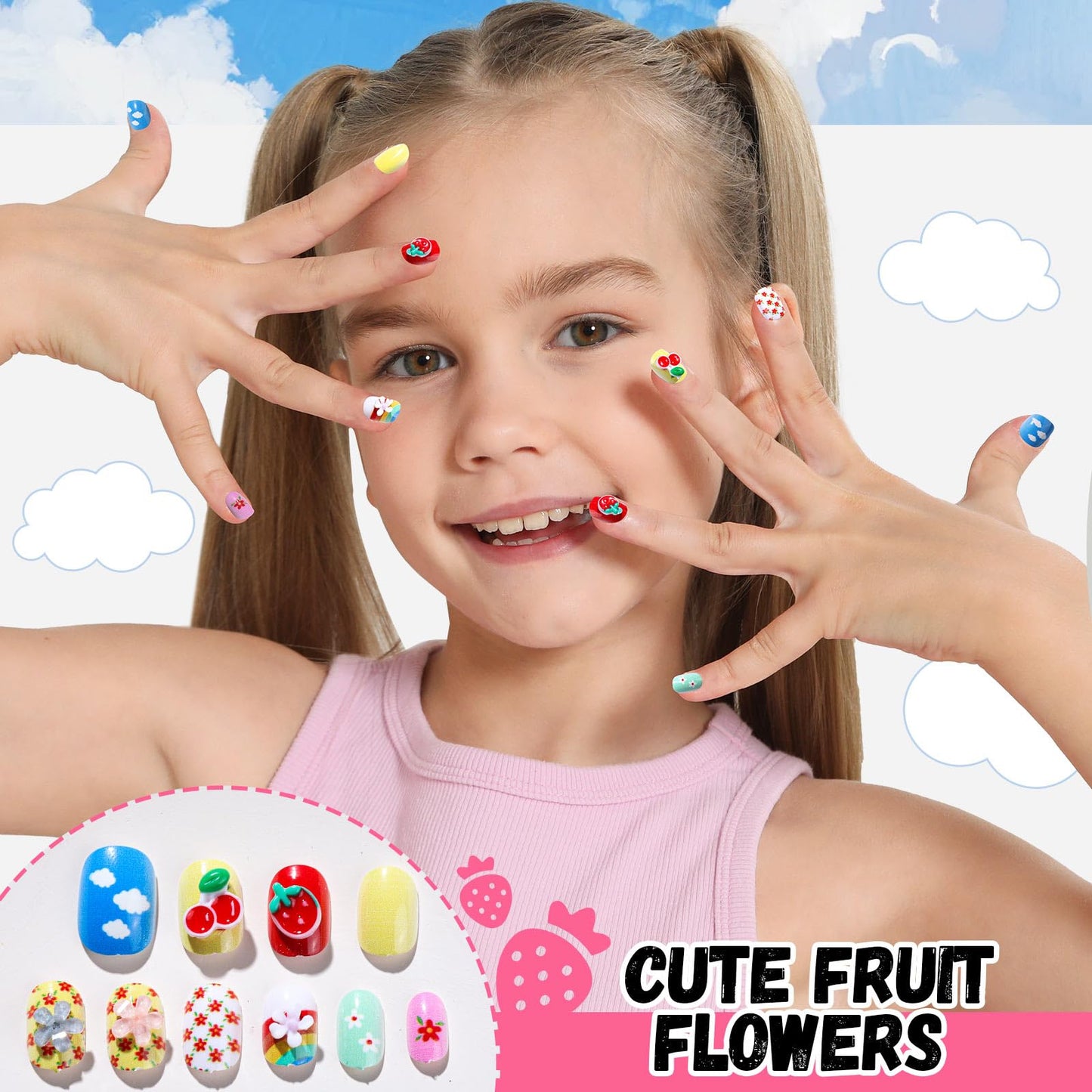 FANDAMEI Press on Nails for Girls, 6 Styles 144PCS Press on Nails for Kids, Little Girl Nails Press on Short Round with Nail Charms and Gems, Fake nails for Kids, Girls with Adhesive Tabs