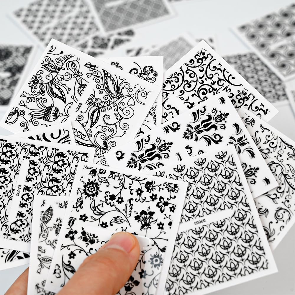 WEIXIWUYU 30 Sheets Black Lace Nail Art Stickers 3D Self-Adhesive Black Hollow Retro Floral Vine Design Decals for Women Girls DIY Manicure Slider Decorations