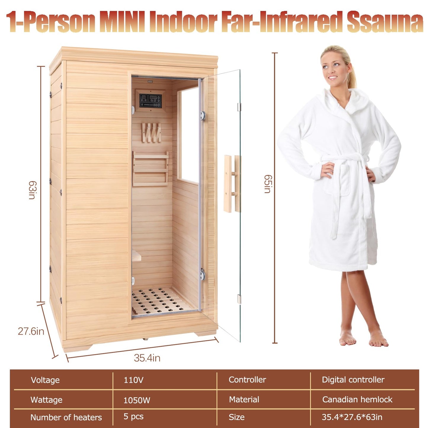 1-Person Low EMF Far Infrared Sauna for Home Use, 1050W Canadian Hemlock Wood Sauna with Bluetooth Music & Color Therapy Light, Easy Assembly for Bedroom, Gym, or Basement