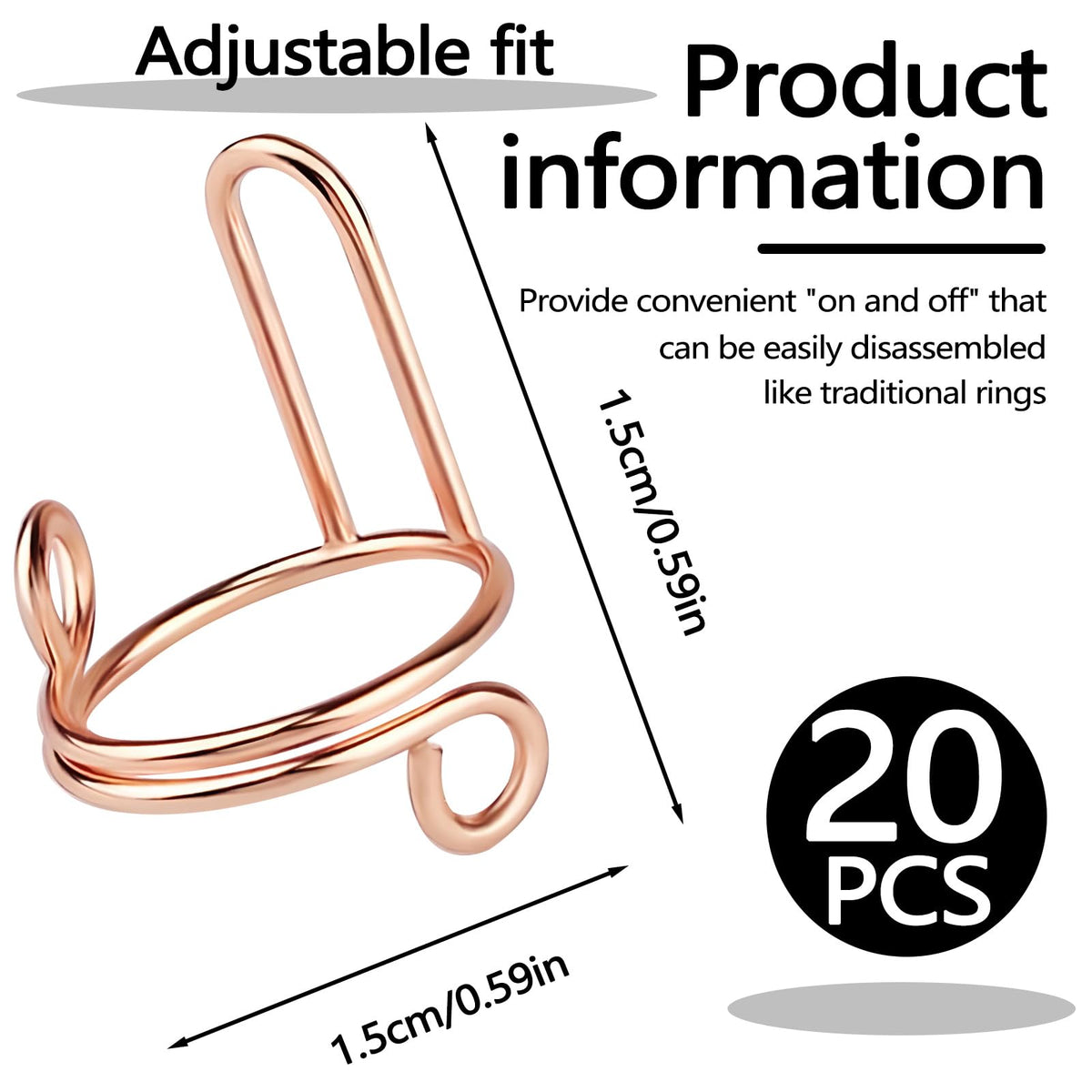 Bagentry 20 Pieces Detachable Nail Rings Rose Gold, Adjustable Fingernail Rings for Women Girl Gift, Reusable No Glue Metal Nails for Fingers Art Decoration (Rose Gold)