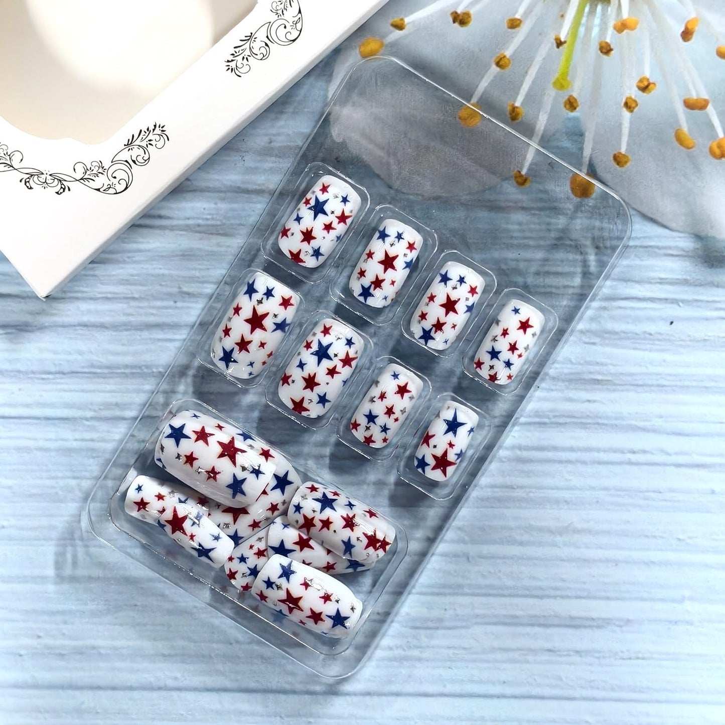 White Independence Day Press on Nails Medium Length Artificial Fingernails Colorful Stars Fake Nails Glossy 4th of July Glue on Nail Square Shaped Stick on Acrylic Nail for Women Holiday Manicure
