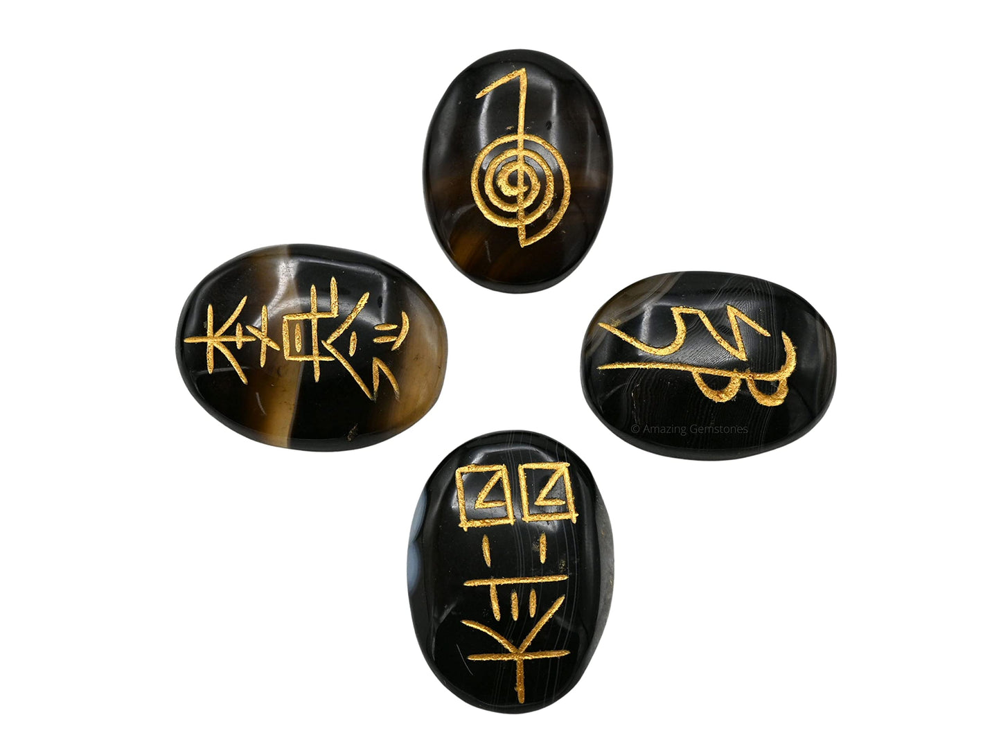 Amazing Gemstone Sulemani Agate Crystal Reiki Stones with Engraved Symbols for Usui Reiki Healing, Set of 4 Pcs (Indian Handmade Reiki Gift Set)