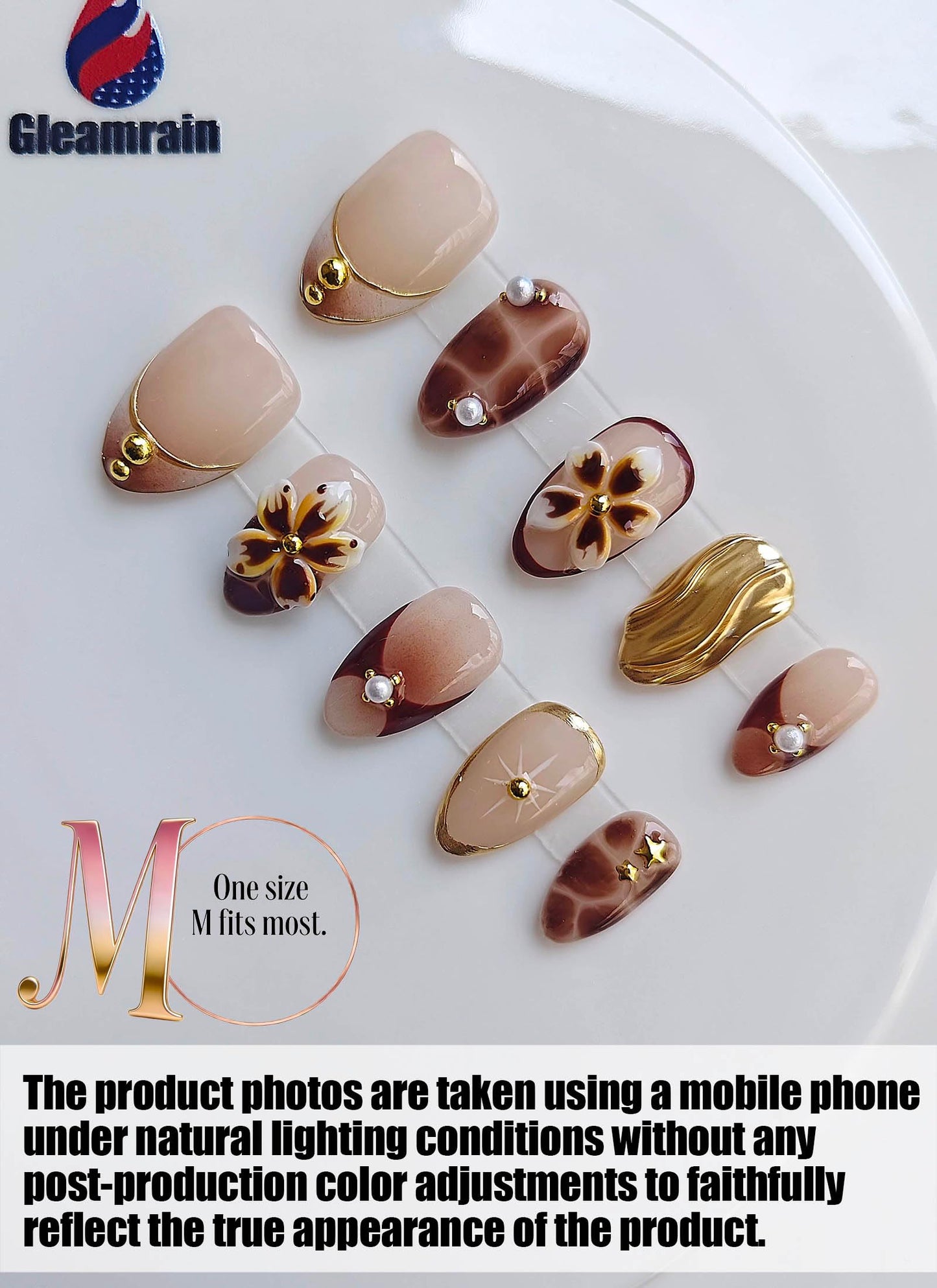 Gleamrain Handmade Press on Nails Short Almond for Women,Handcrafted Floral Design Reusable Full Cover Fake Nails for Daily Wear Party Birthday P206