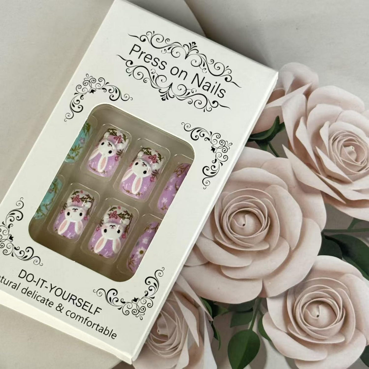 Easter Press on Nail Medium Length Square Fake Nails Pink Green Stick on Nail with Floral designs 3D Bunny Cute Glue on Nails Full Cover Acrylic False Nails for Women Party Manicure Decor24pcs