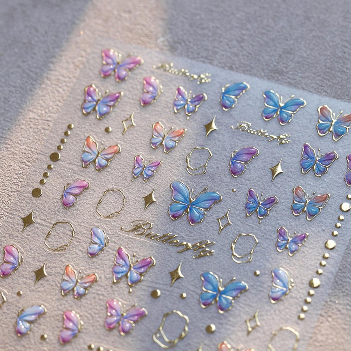 5D Embossed Blue Butterfly Nail Stickers Gold Star Nail Art Stickers Purple Butterfly Nail Decals Self-Adhesive Spring Sticker Summer Nail Supplies for Women Girls DIY Manicure