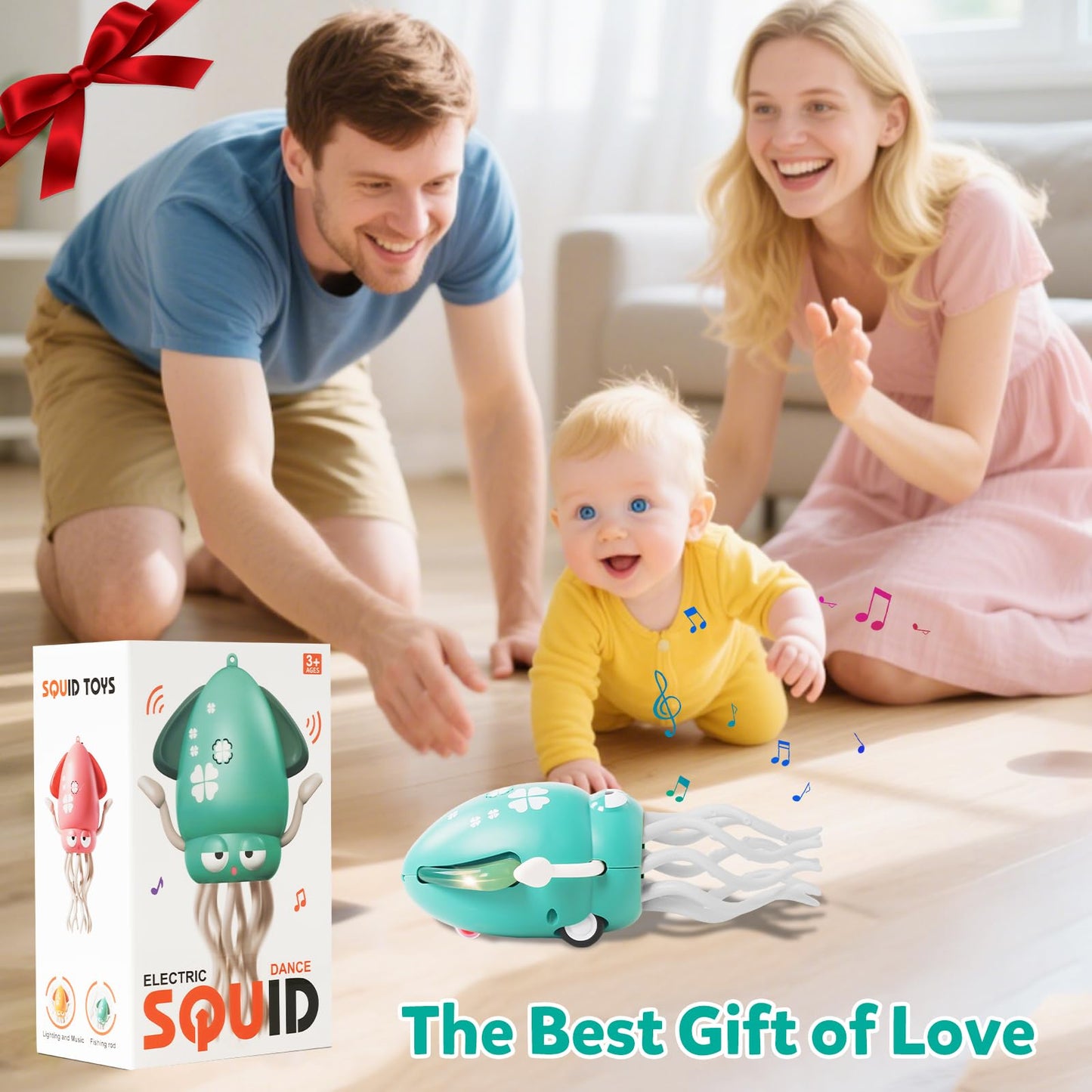 Hirger Dancing Squid Baby Toys, Crawling Octopus Infant Toy for Tummy Time, Sensory Toy for 3-6-12-18 Months Babies & Toddlers 1-2-3, Musical Birthday Gift for Boys Girls