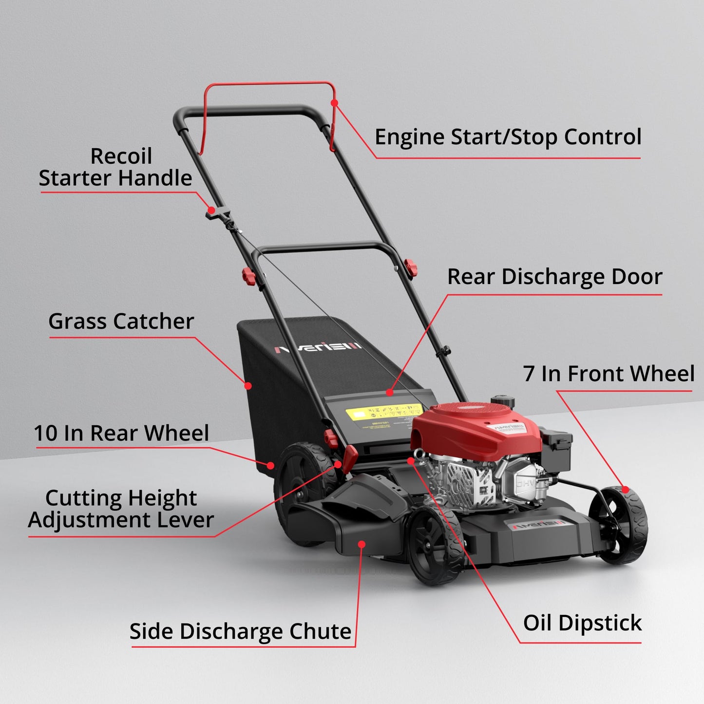 AMERISUN 21" Gas Lawn Mower, 3-in-1 Gas Powered Push Mower, 144cc 4-Stroke OHV Engine, 6 Height Adjustment, Efficient Steel Deck, 1.4 Bushel Grass Catcher with Bagging, Mulching & Side Discharge