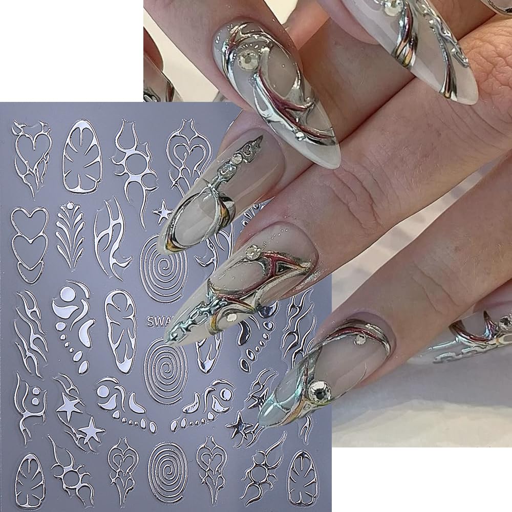 5 Sheets Gothic Nail Stickers for Nail Art, 3D Self-Adhesive Nail Decals Gold Silver Witchy, Nail Supplies Nail Art Designs Accessories for Women and Girls Manicure DIY Decoration