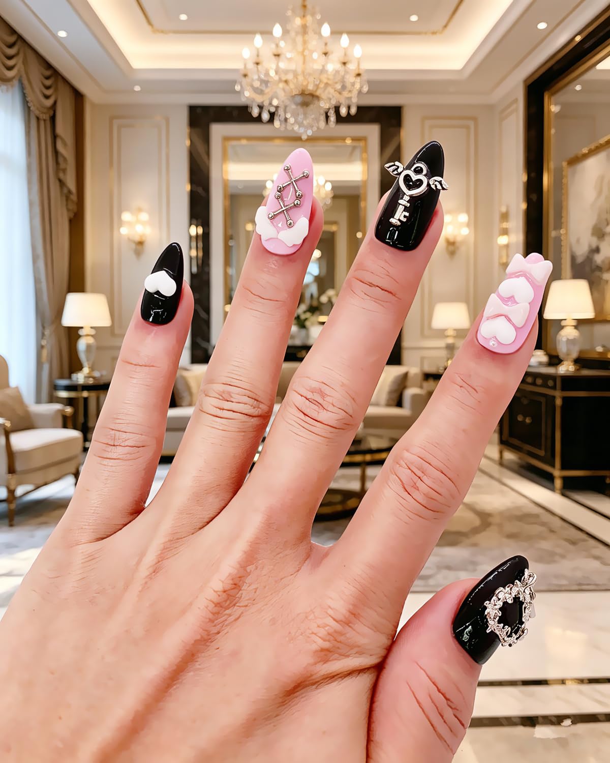 CAMILCY Luxury Handmade Press on Nails Pink Black Almond Short Gothic Heart Cross Charms Long Fake Nails Glossy Full Cover Reusable Acrylic Nail Tips for Women 10pcs (A080, S)