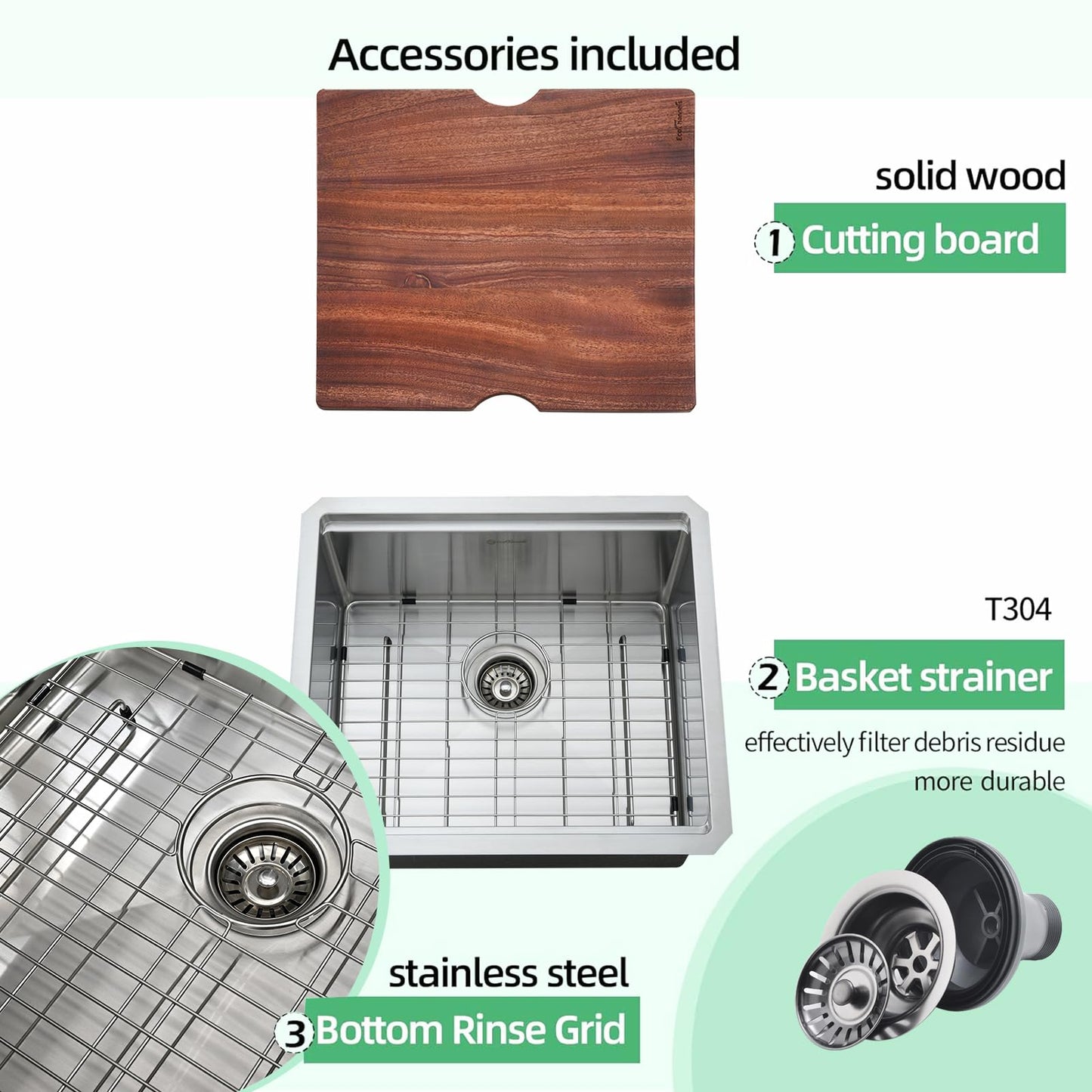 EcoChannels Undermount Kitchen Sink, 21 x 19 Inch Sink Kitchen 16 Gauge Stainless Steel Kitchen Sinks Single Bowl Workstation Sink with Cutting Board