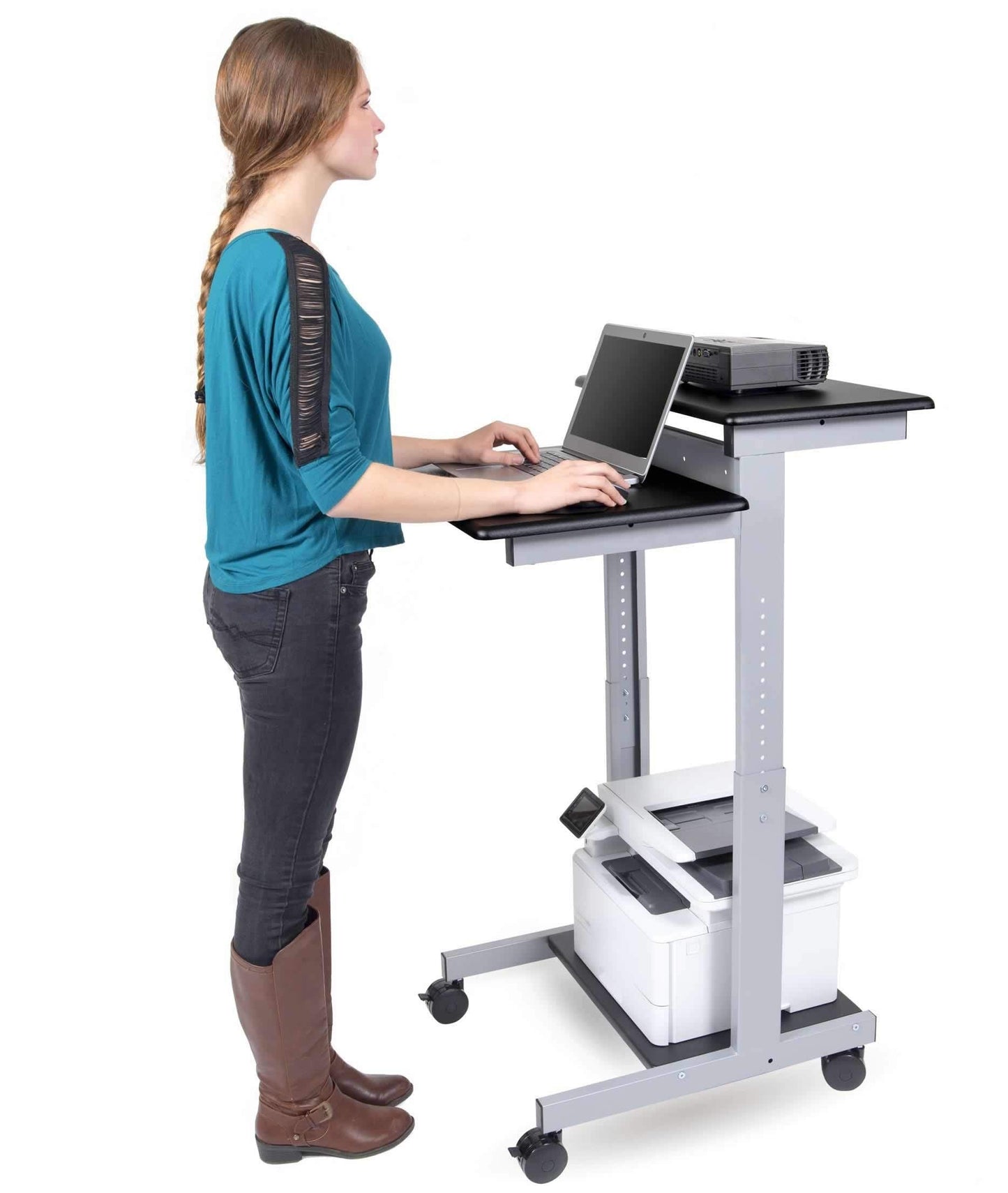 Stand Up Desk Store Rolling Adjustable Height Two Tier Standing Desk Computer Workstation (Silver Frame/Black Top, 24" Wide)