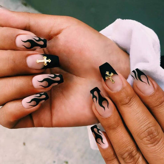 MISUD Press on Nails - Medium Coffin Glue on Nails with Goth Black Flame, Acrylic Gothic Cross Design 24 pcs