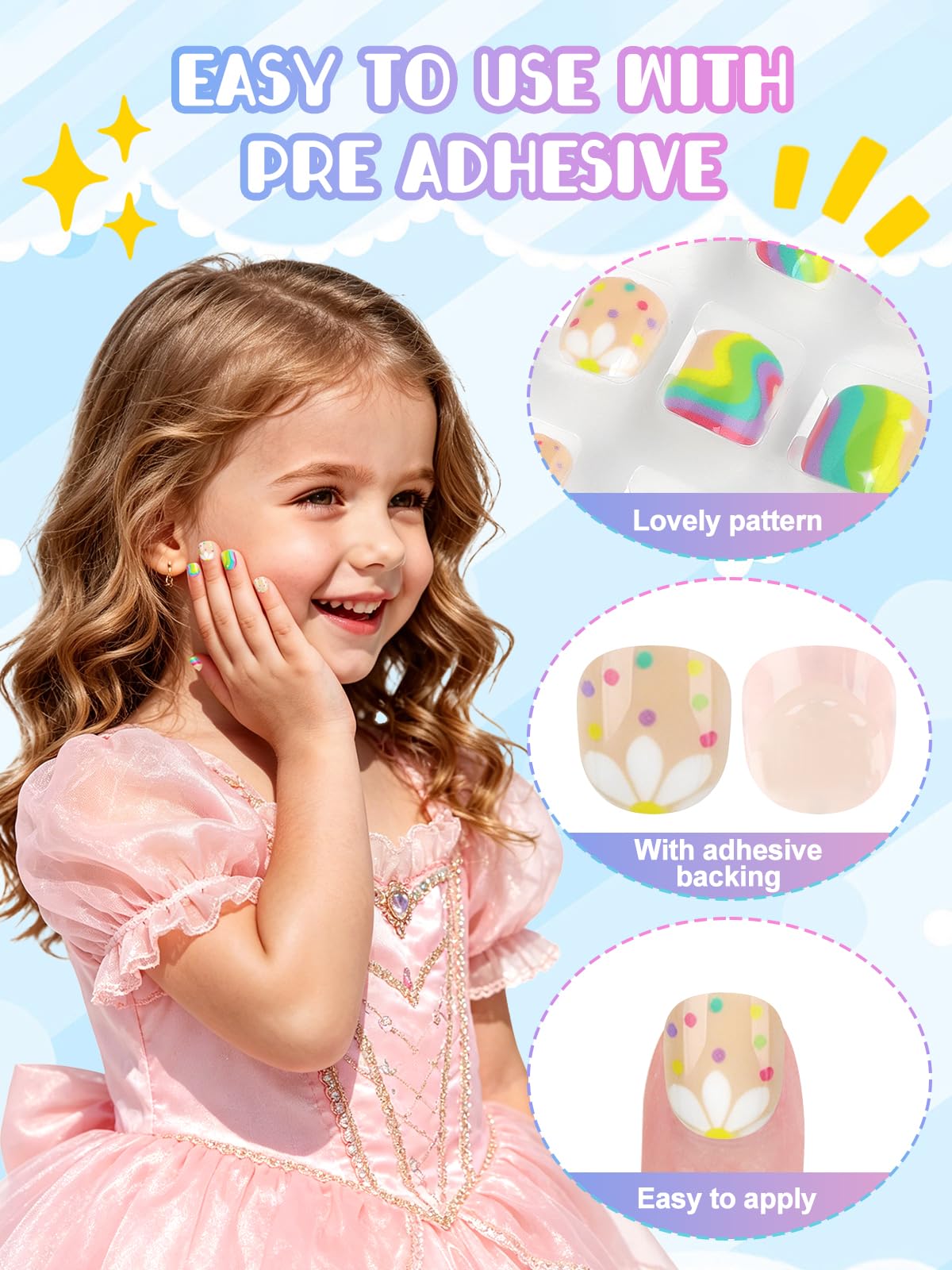 72 Pieces Press on Nails Kids, EBANKU Girls Fake Artificial False Nail Tips Pre Adhesive Pads Full Cover Press on Nails for Girls Nail DIY