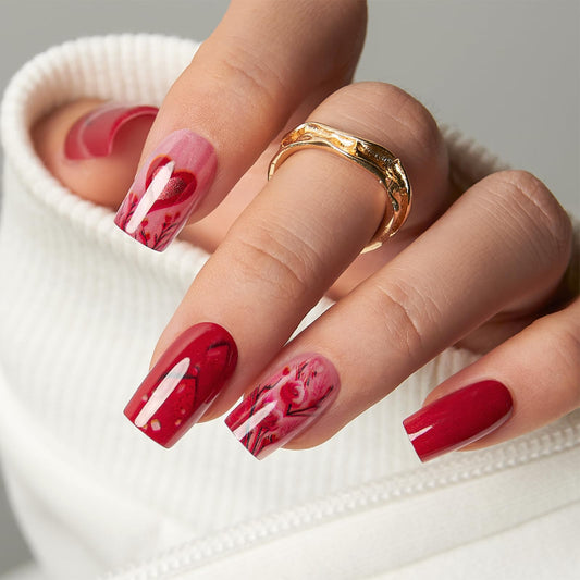 CurvLife Press On Nails Long Square Red Floral, Soft Gel Glossy Fake Nails, Reusable Durable Salon-Style Manicure for Women Teens Beginners, 30pcs, Daily Wear for Work Party