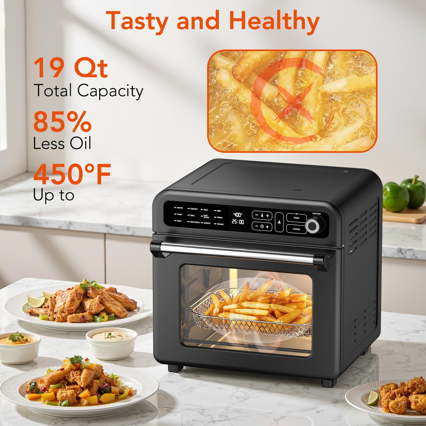 WAA Air Fryer Toaster Oven, 19 QT Air Fryer Toaster Oven Combo, 12-in-1 Digital Countertop Natural Convection Roast Bake Dehydrate and Reheat 1400W Stainless Steel, Black