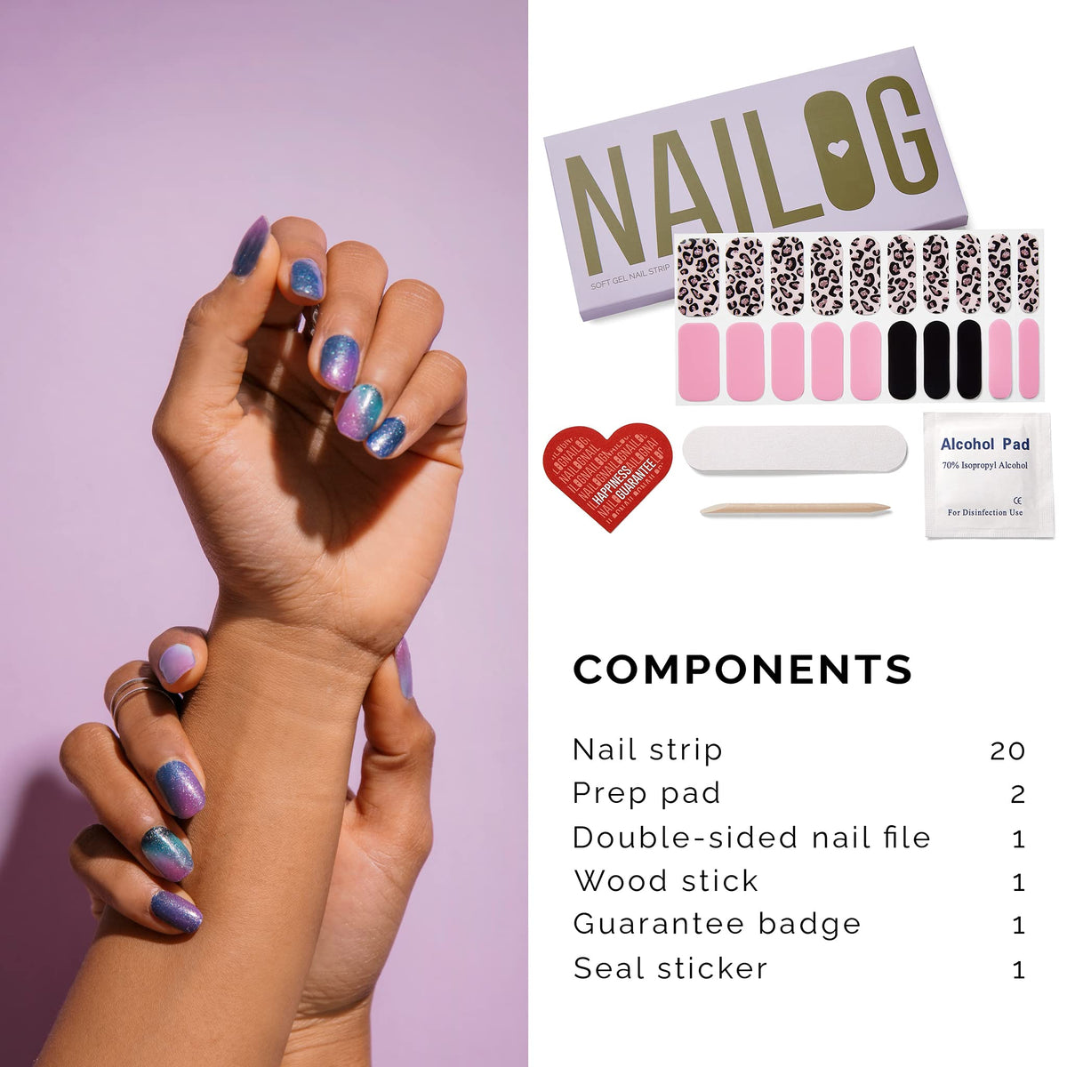 Semi Cured Gel Nail Strips, NAILOG 20pcs Long Lasting Nail Stickers Work with Any UV Light, Wraps with Glossy Gel Finishing for Women Girls Kids DIY Gift│Aurora