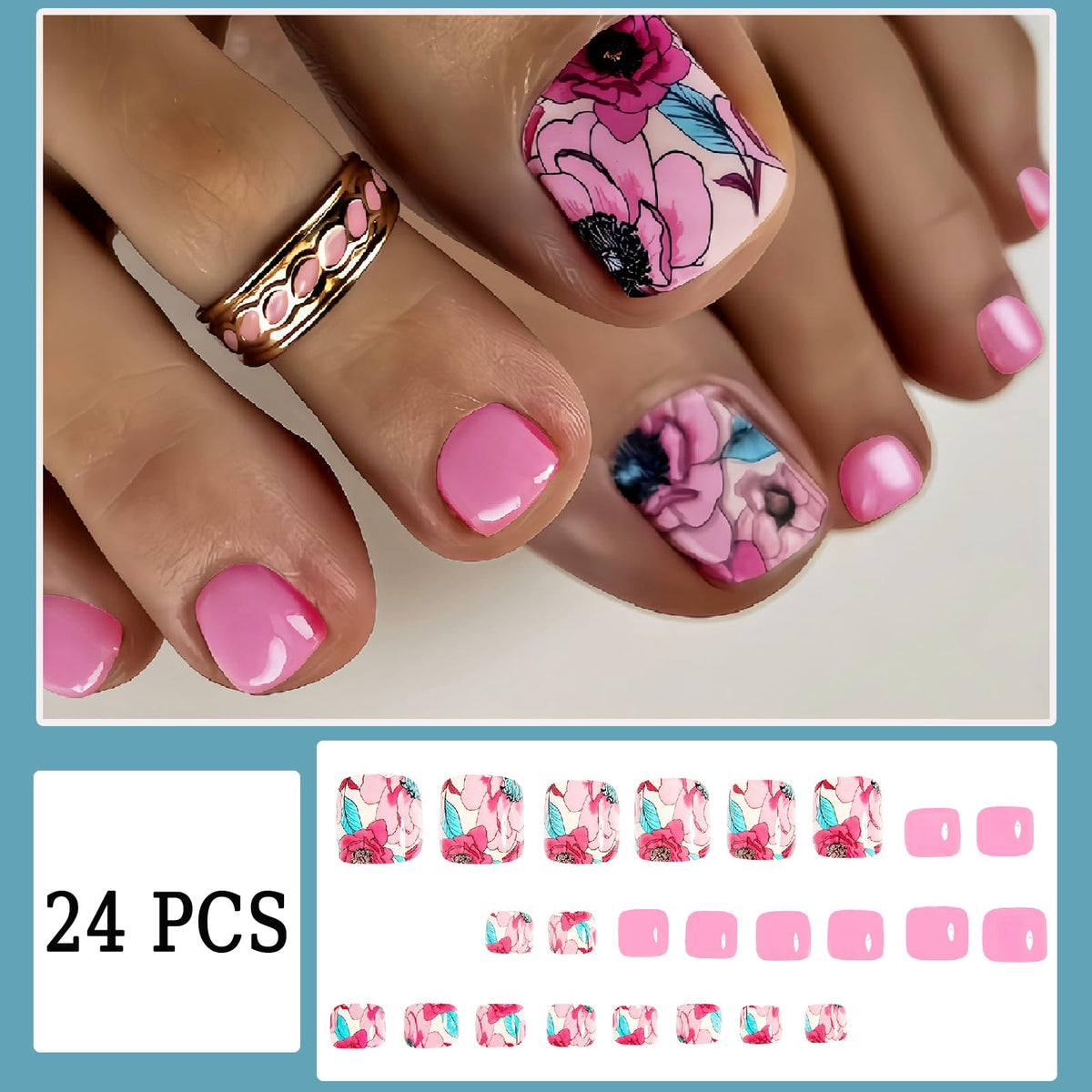 24Pcs Pink Roses Press on Toenails Flower Fake Toe Nails Short Square Shaped Glossy Summer Floral Full Cover Acrylic Artificial Stick on Toenails for Women Girls Manicure Decoration